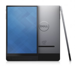 Three grey Dell Venue 8 7000 Series (Model 7840, codename Blackburn) 8-inch Android tablet computers, in vertical positions, one facing forwards, one facing backwards, and one in profile.